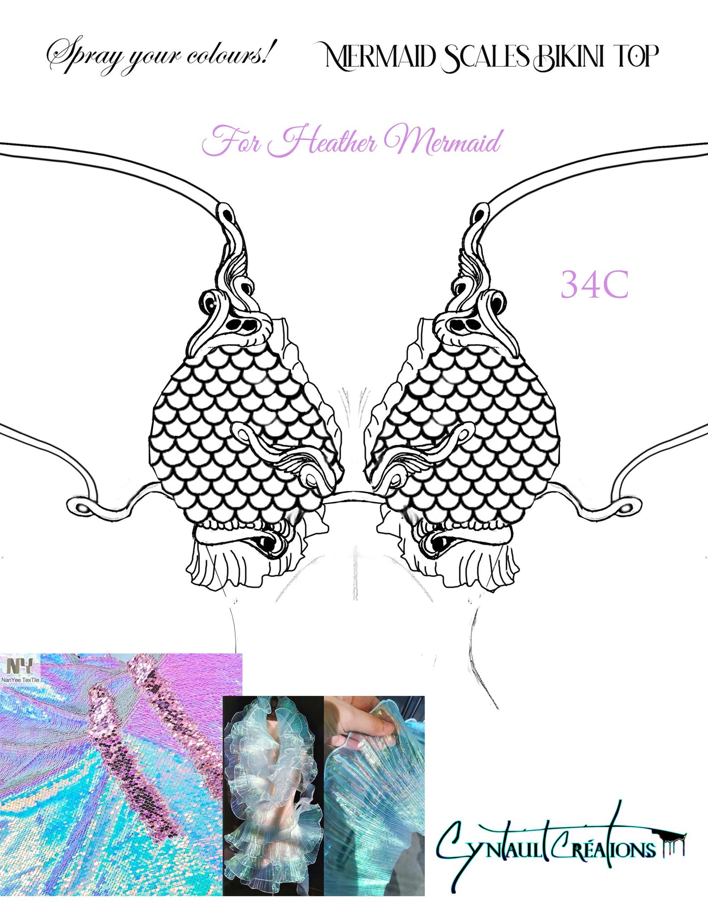 Bikini top in silicone with mermaid ruffles and flourishes