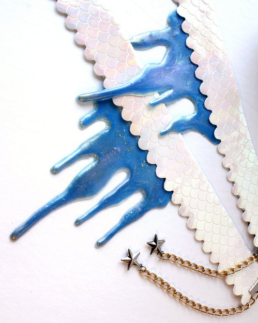 Necklace, mermaid scales and silicone dripping, iridescent blue color, jewelry, accessory, unicorn, mermaid blood