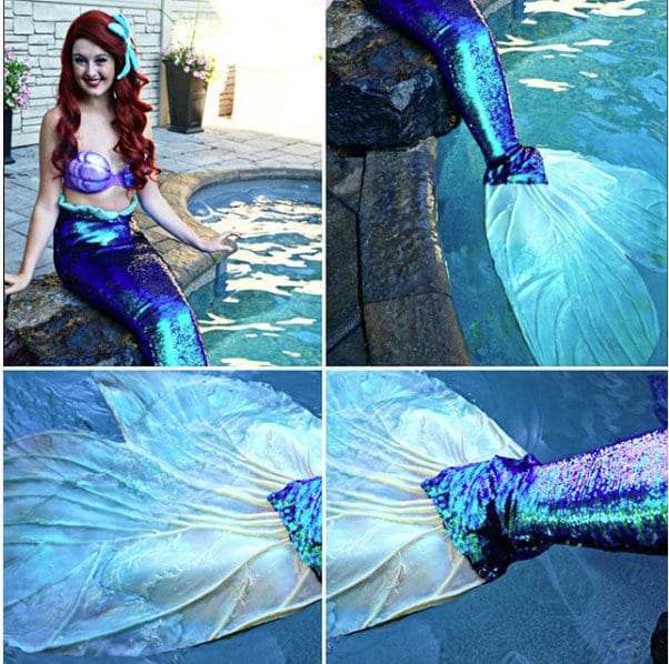 Professional and hybrid mermaid tail in sequins and silicone, caudal fin completely in silicone (dragon skin), accessible price.