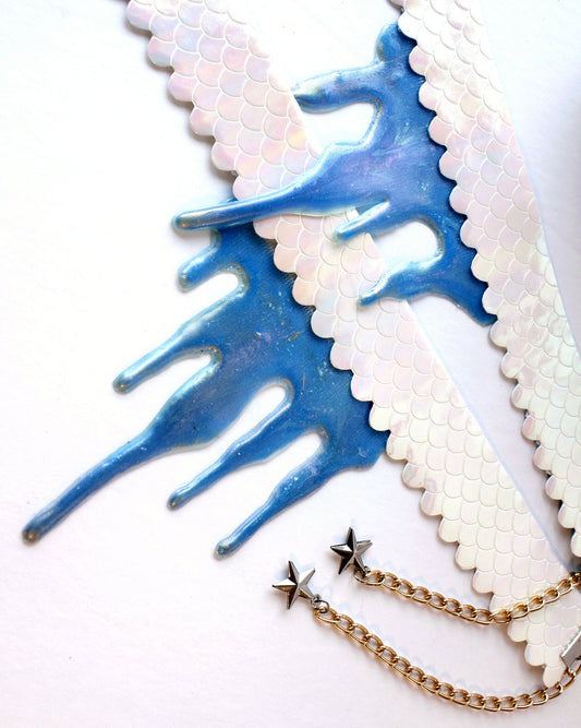 Necklace, mermaid scales and silicone dripping, iridescent blue color, jewelry, accessory, unicorn, mermaid blood